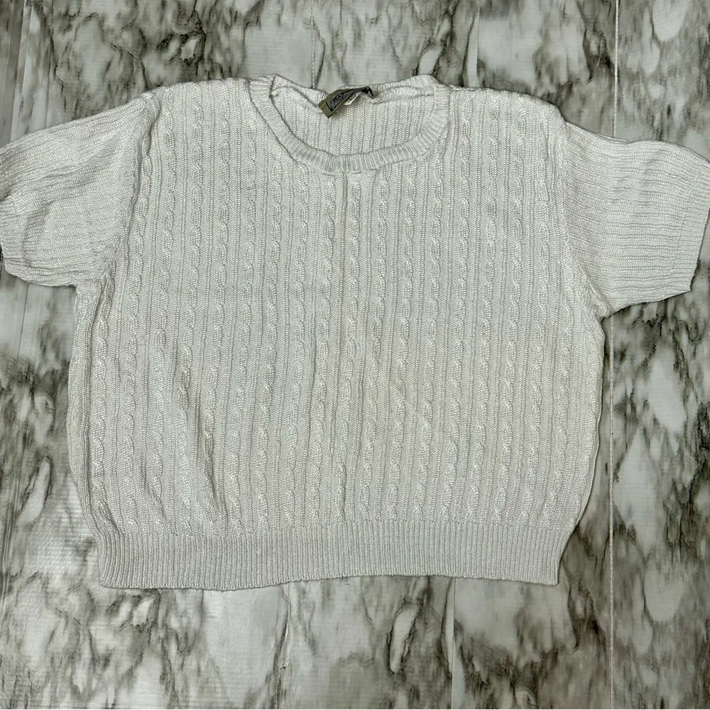 Women's White Cable Knit Sweater Vintage 90s Rayon Blend Cropped Short Sleeve